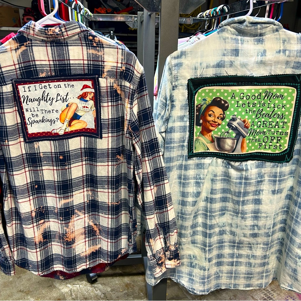 NEW CUSTOM REPURPOSED FLANNEL & cotton button up shirts VERY witty sayings